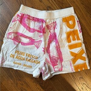 FARM Rio White Pajama Shorts with Pink Fish Print and Yellow Lettering